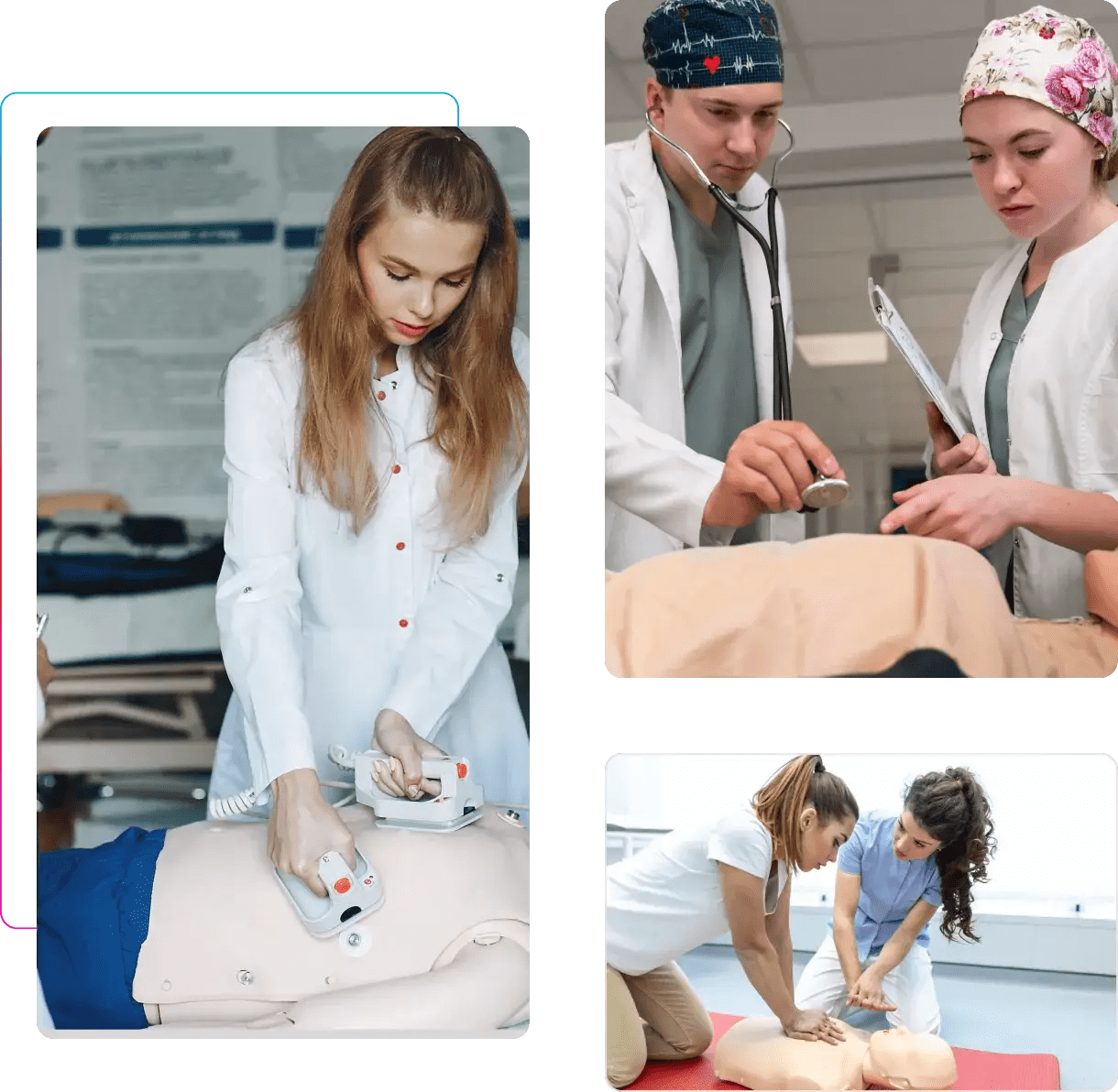 Medical professionals demonstrating CPR techniques on a training mannequin during a session.