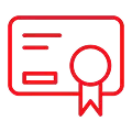 Red icon of a certificate with a ribbon, symbolizing achievement or completion.