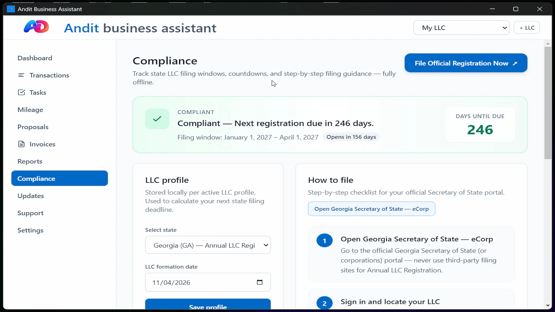 Andit Business Assistant local accounting app compliance tracker mockup