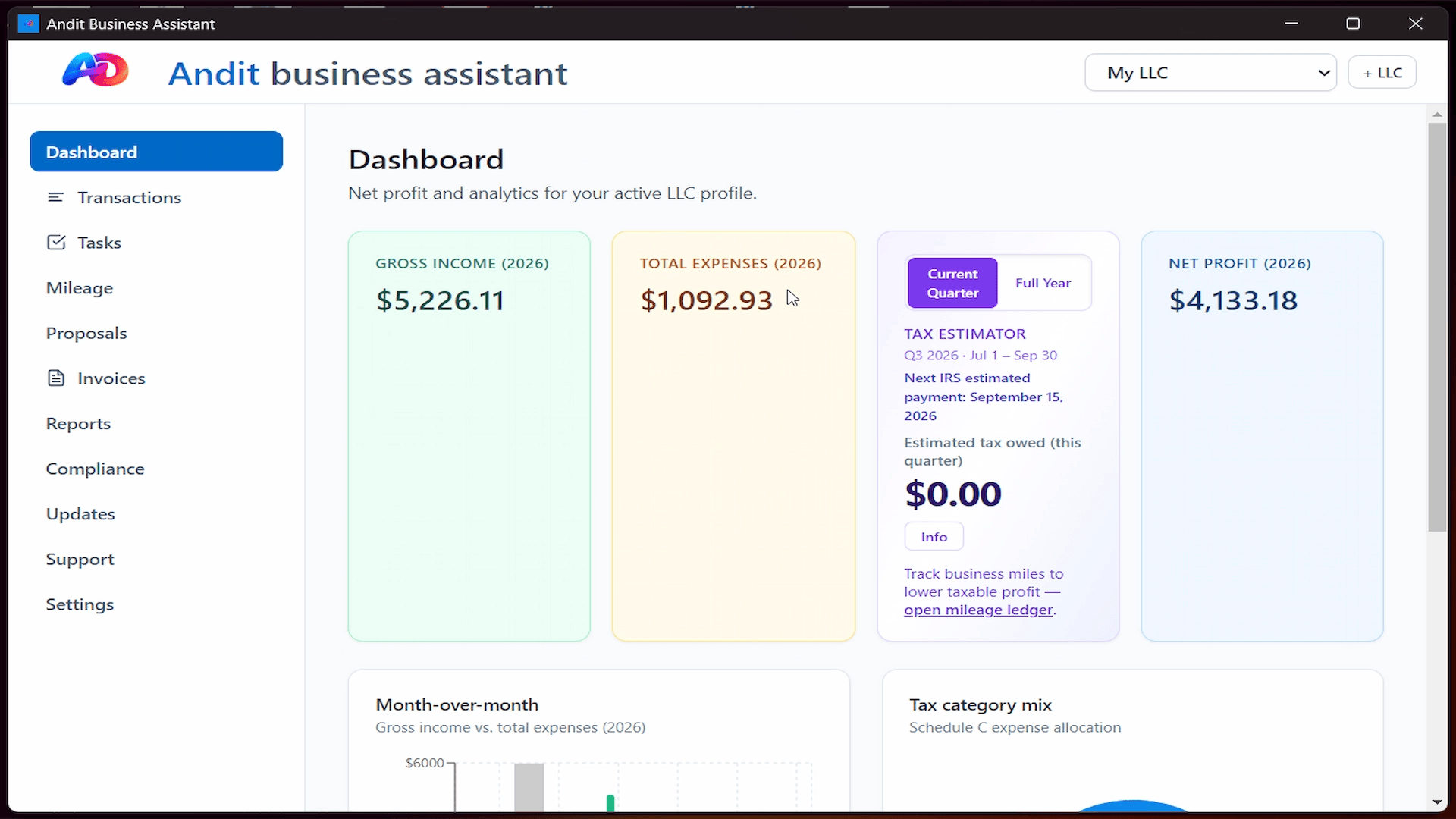 Andit Business Assistant local accounting app dashboard mockup
