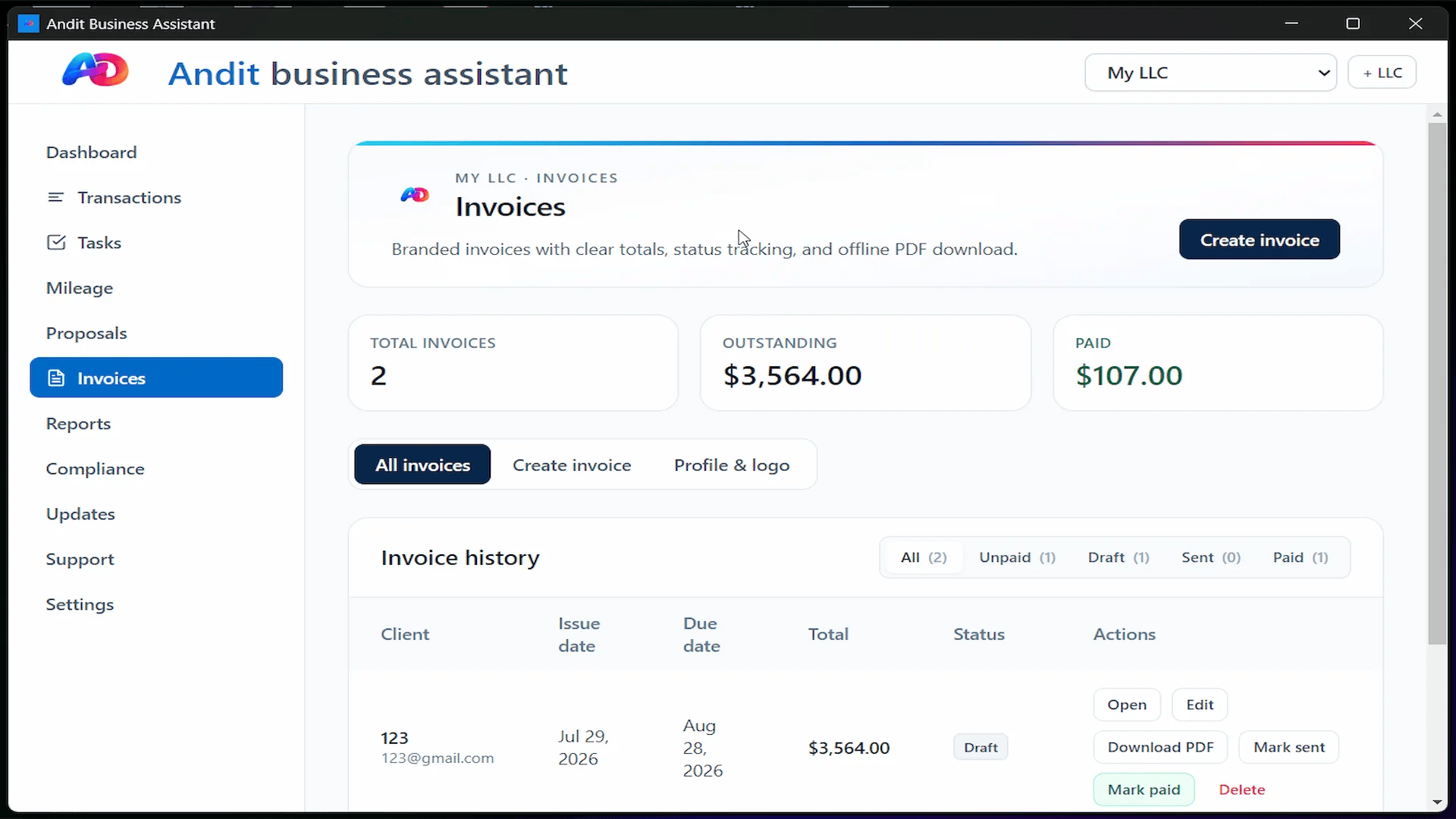 Andit Business Assistant local accounting app invoice generator mockup