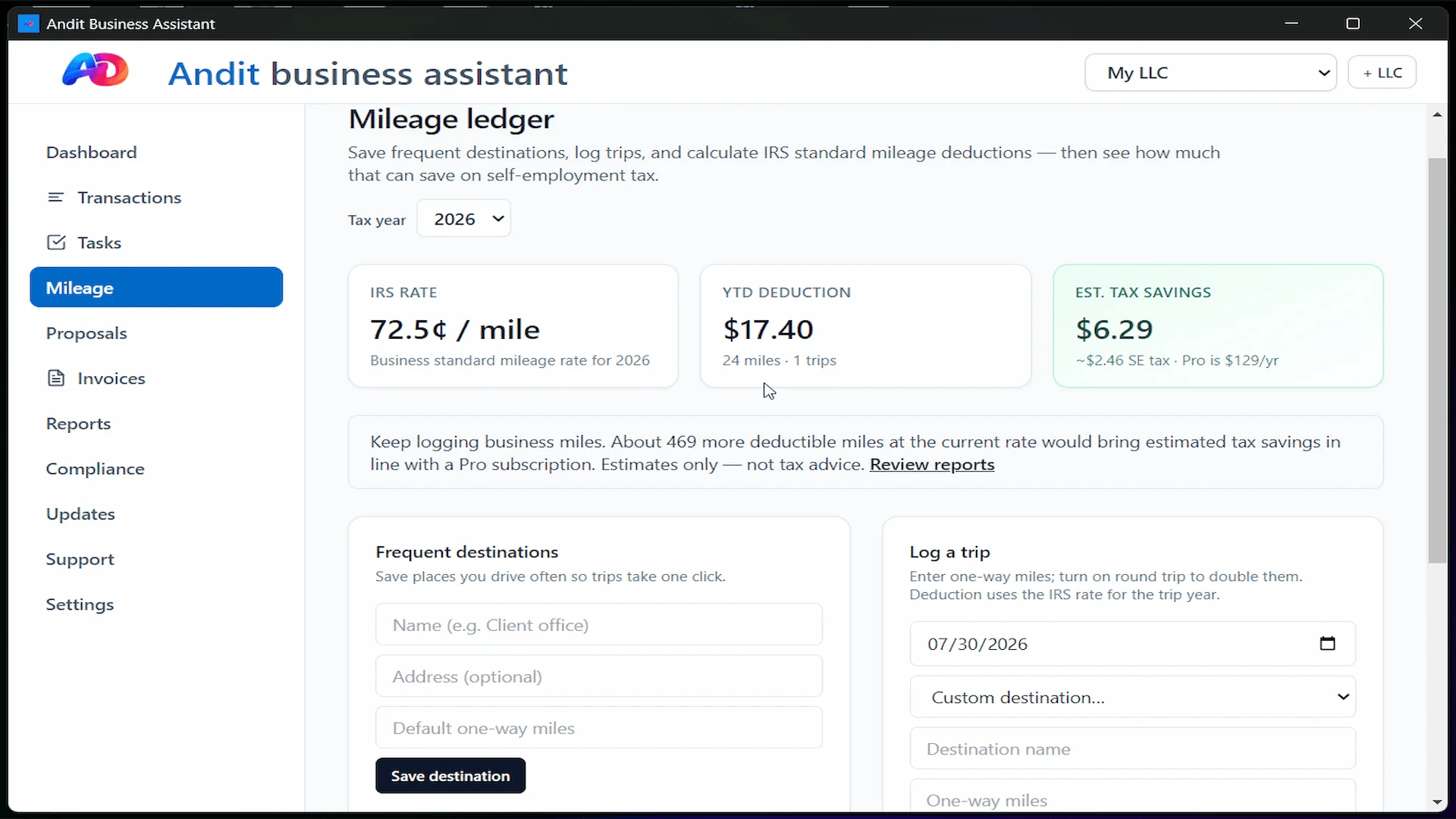 Andit Business Assistant local accounting app mileage tracker mockup