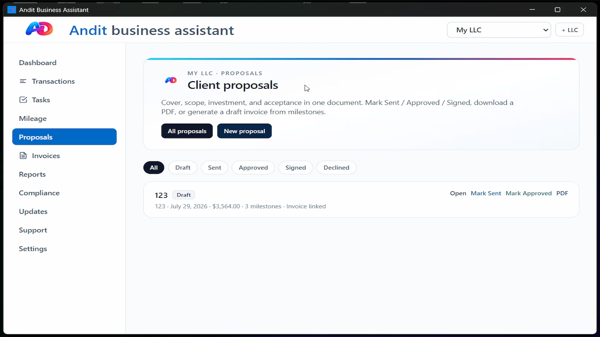 Andit Business Assistant local accounting app proposals 1 mockup