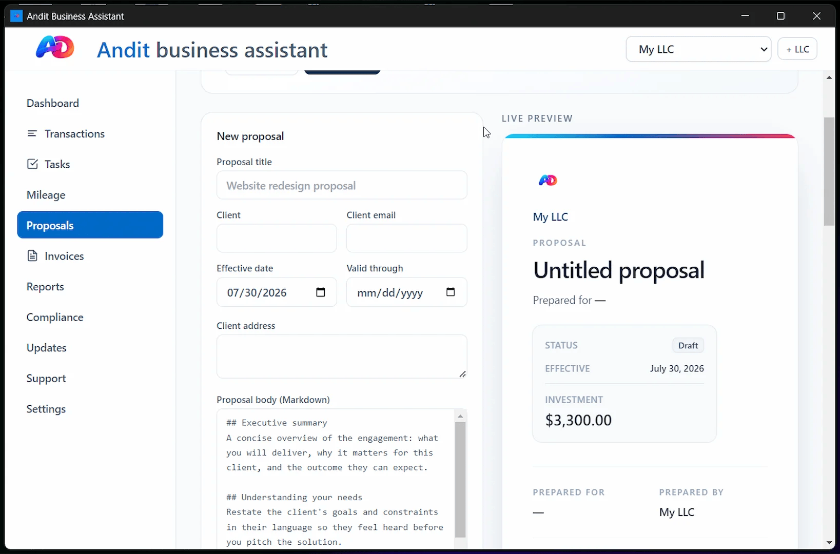 Andit Business Assistant local accounting app proposals mockup
