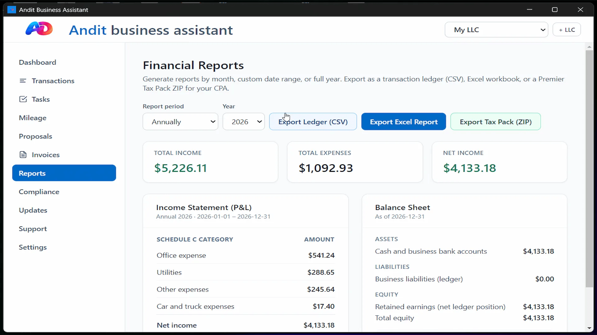 Andit Business Assistant local accounting app reports mockup