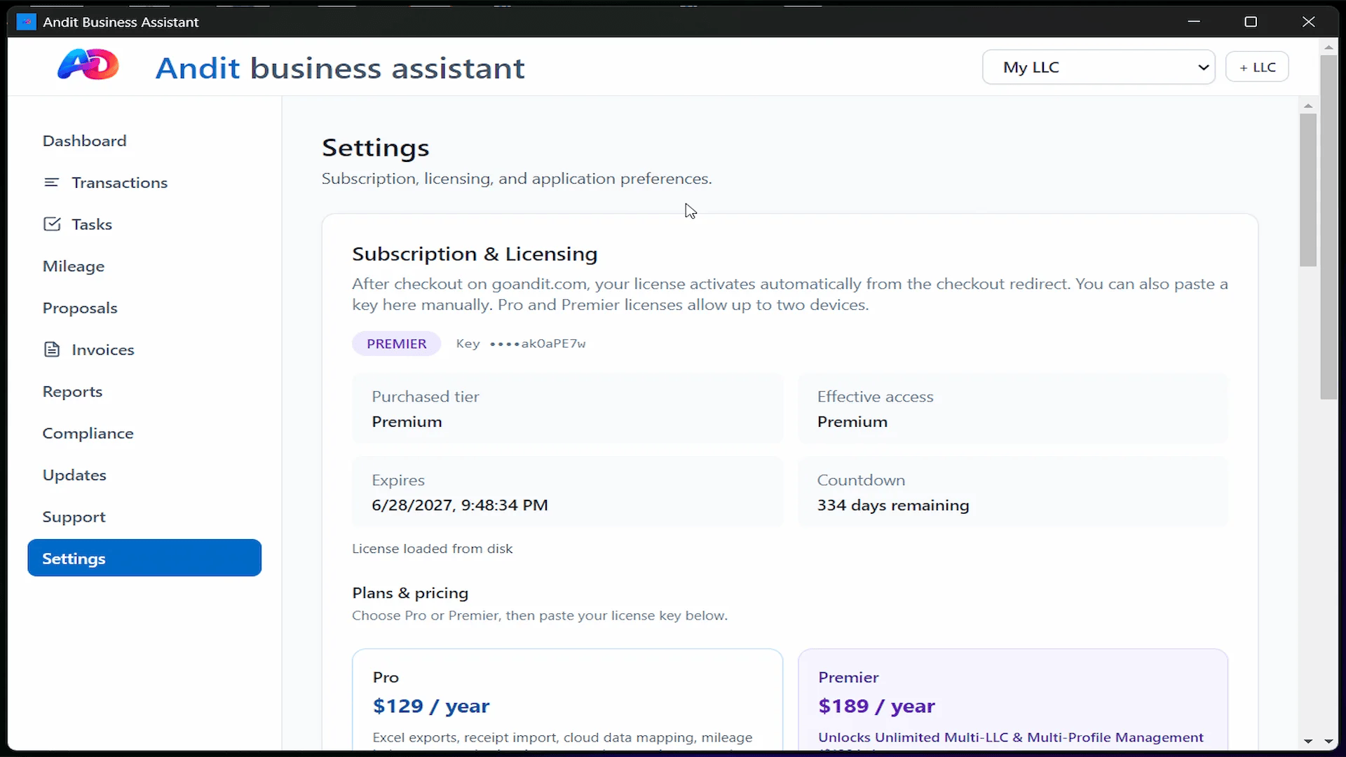Andit Business Assistant local accounting app settings mockup