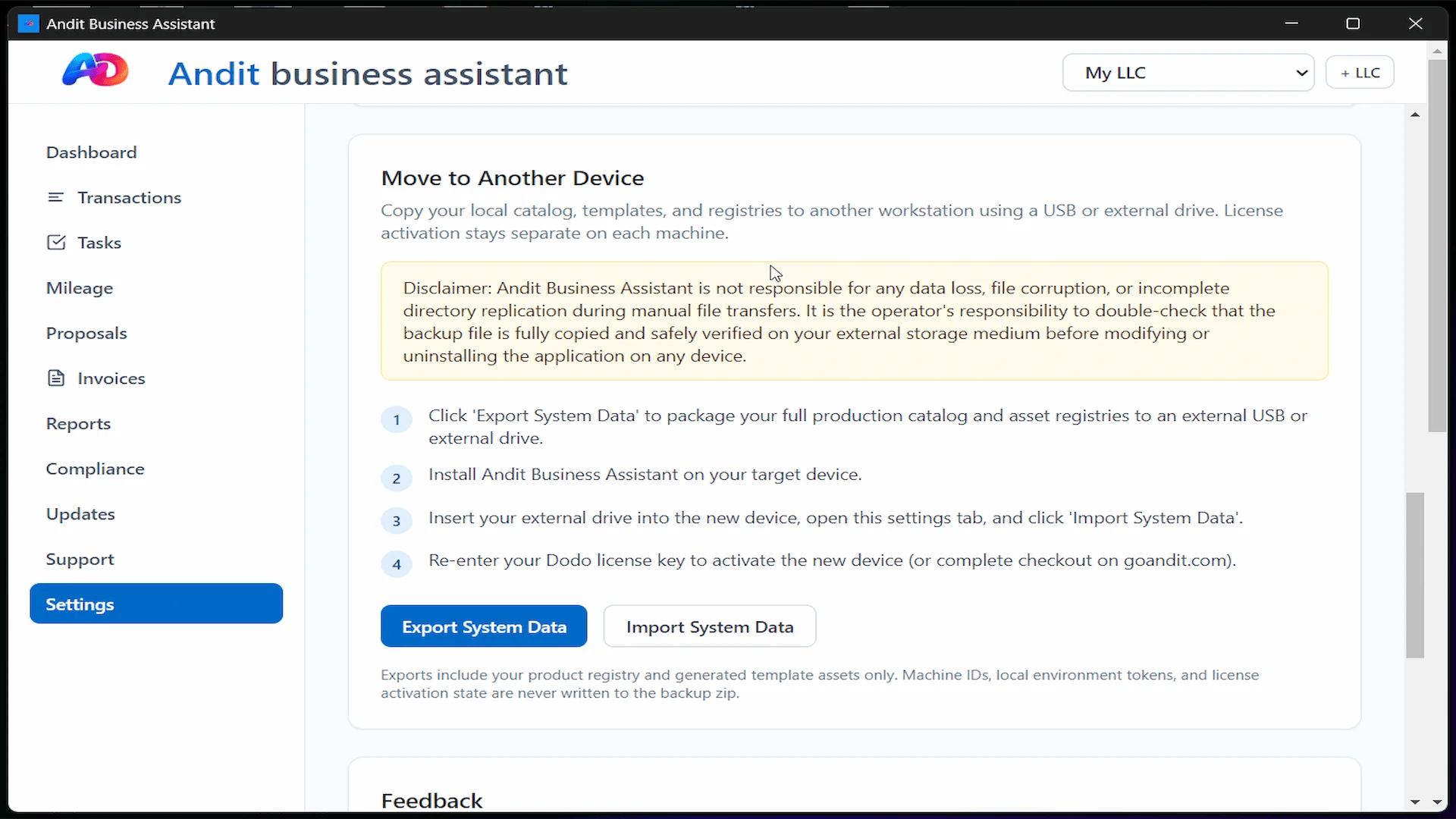 Andit Business Assistant local accounting app move to another device mockup