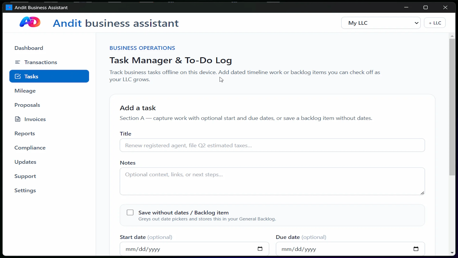 Andit Business Assistant local accounting app tasks mockup