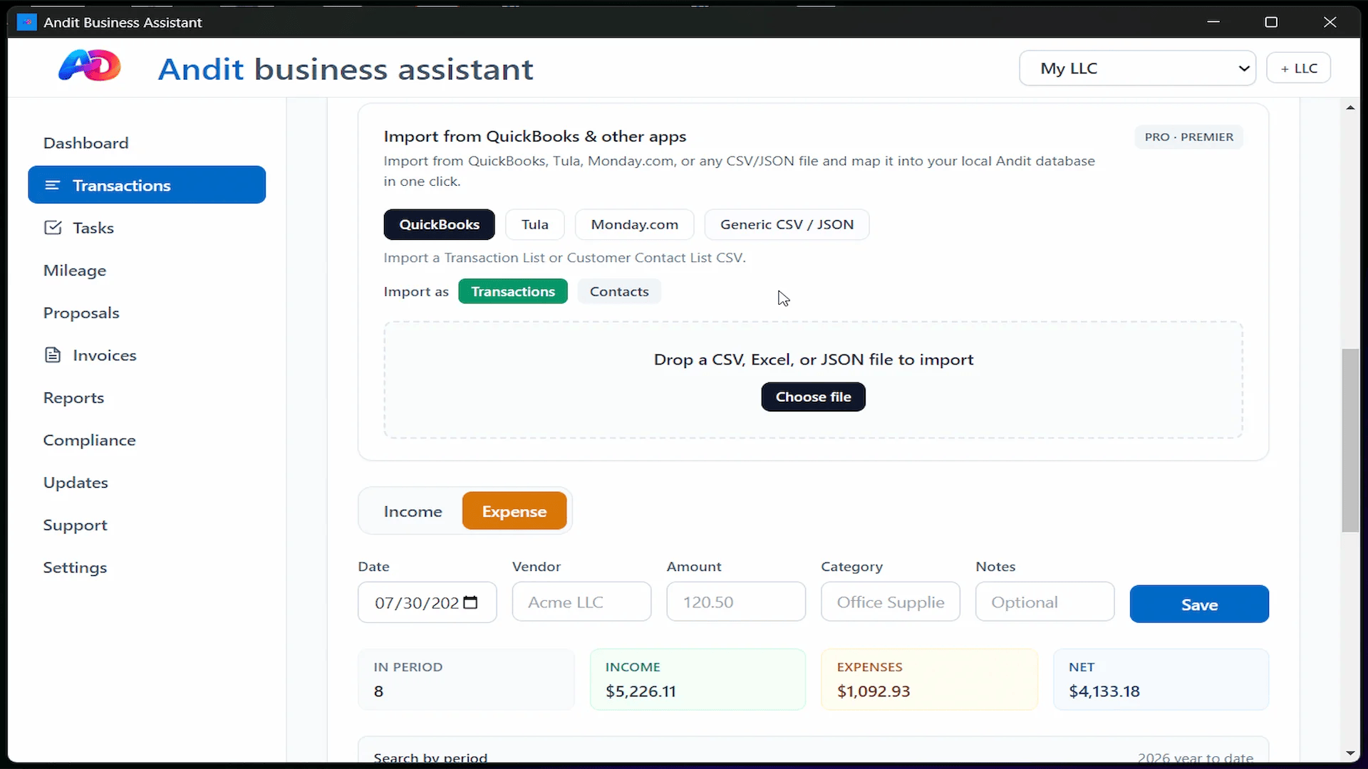 Andit Business Assistant local accounting app transactions 2 mockup