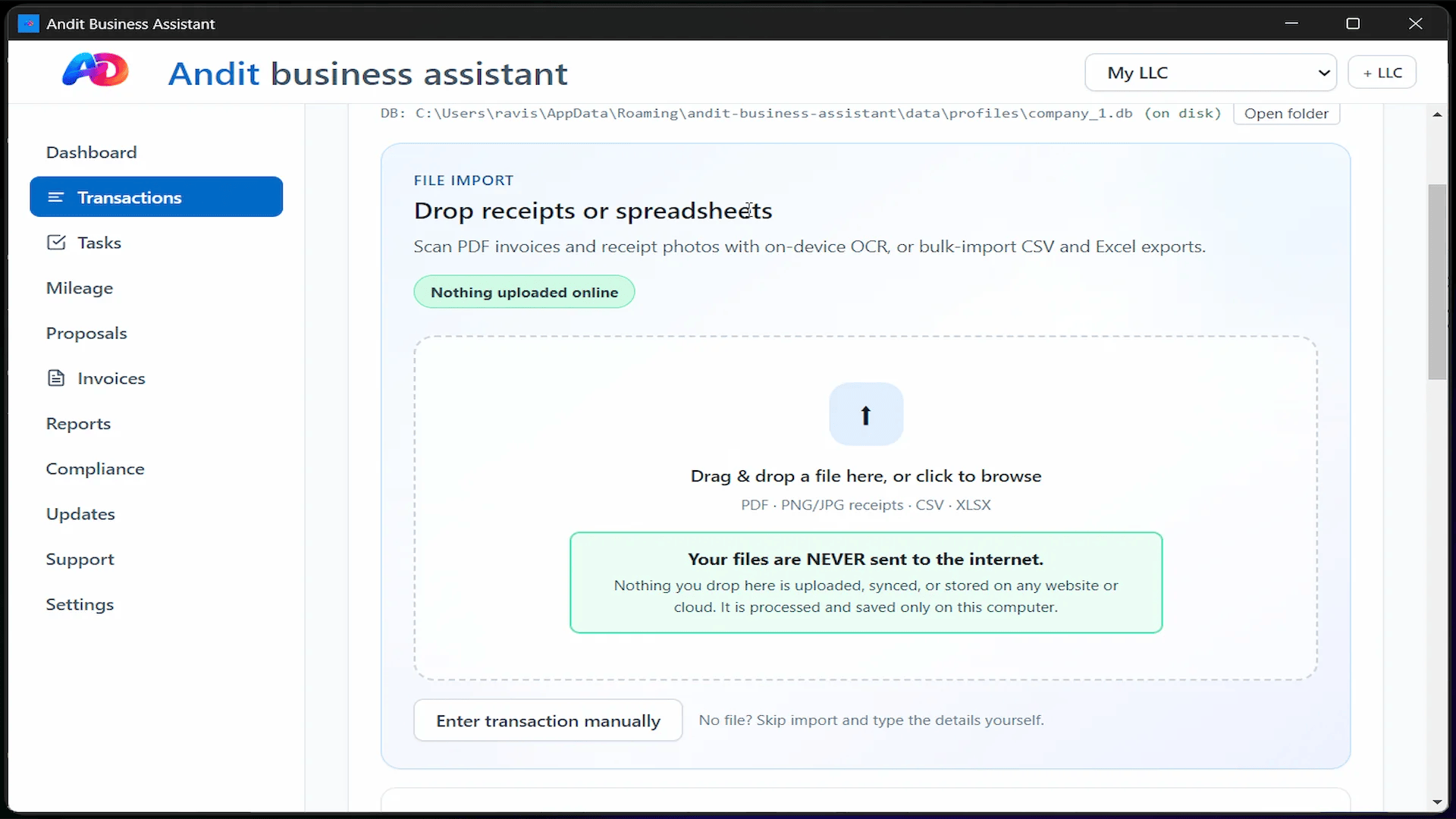 Andit Business Assistant local accounting app transactions mockup