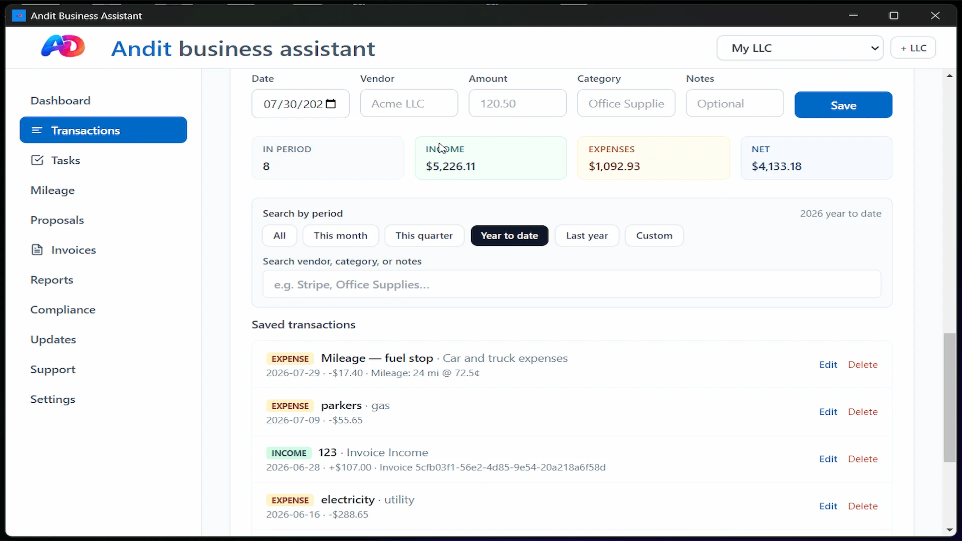 Andit Business Assistant local accounting app transactions 3 mockup