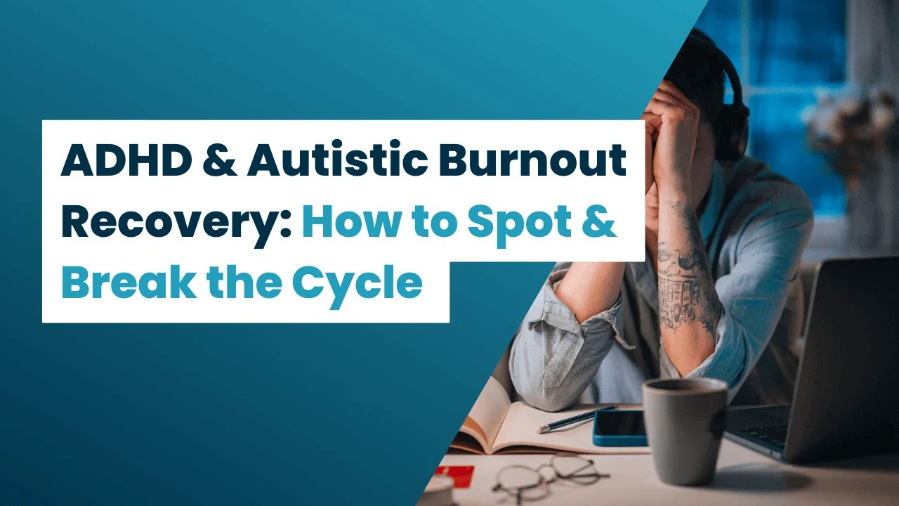 Stressed person with headphones sitting at a desk, head in hands, with text overlay: ADHD & Autistic Burnout Recovery: How to Spot & Break the Cycle.