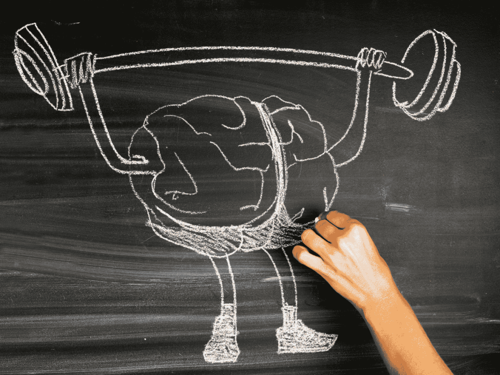 Chalk drawing of a brain lifting a barbell, with a hand finishing the sketch—symbolizing executive function as a trainable mental skill.