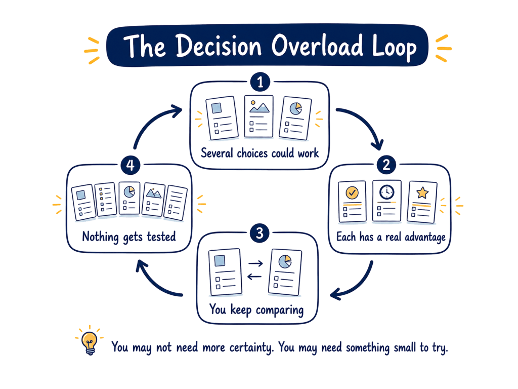 Four-step diagram showing several viable choices with real advantages, repeated comparison, and no option being tested.