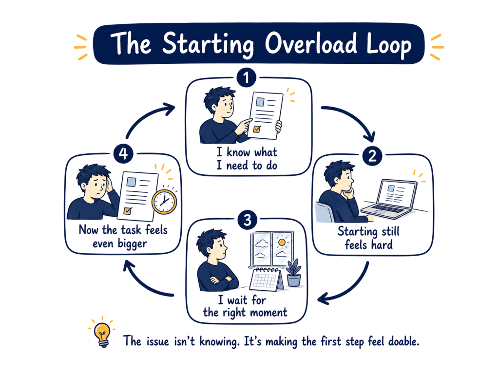 Four-step diagram showing a clear task, difficulty starting, waiting for the right moment, and the unfinished task feeling bigger.