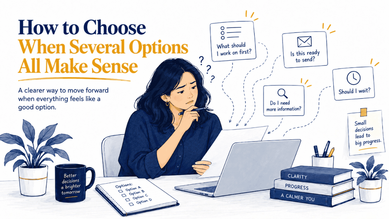 Professional experiencing decision overload while weighing what to prioritize, whether more information is needed, and whether to wait.