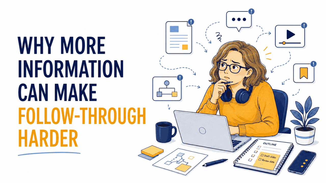 Professional at a laptop looks overwhelmed as articles, messages, videos, and other information compete for her attention while her work remains unfinished.
