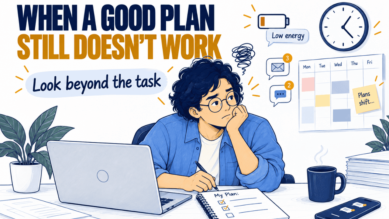 Person reviewing an ADHD planning system while low energy, interruptions, and a changing schedule make a reasonable plan harder to use.
