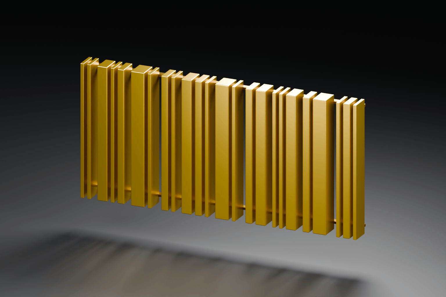 Freestanding gold barcode rendered in Blender on a dark grey background.