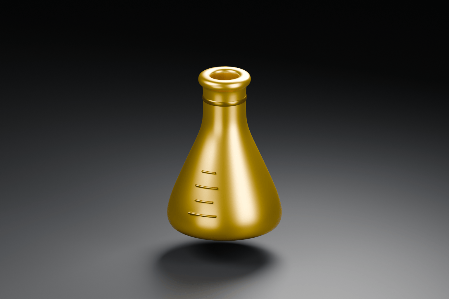 Gold laboratory flask rendered in Blender on a dark grey background.