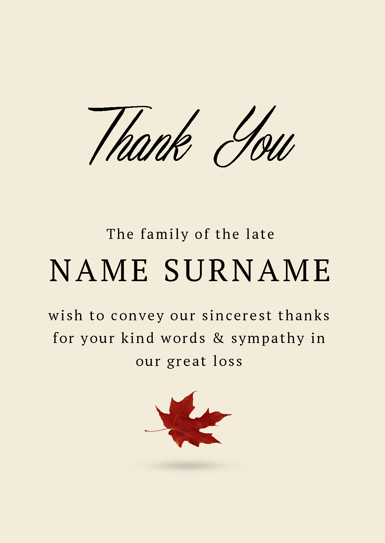 "Thank you" Memorial Card Autumn Leaf GoCreate Design & Print