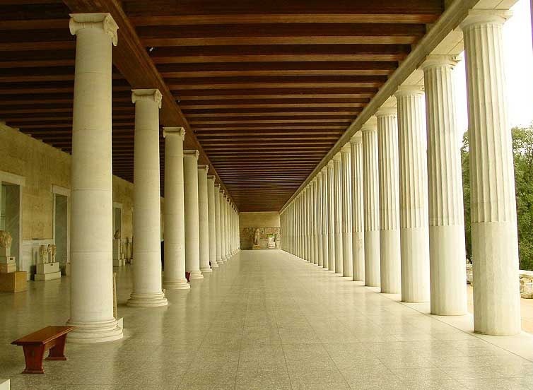 The stoa: Here the Stoics were taught that virtue is the highest form of good, and all other things were neither good or bad, but were materials for virtue to act upon.