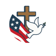 Cross over a waving American flag with a white dove, symbolizing faith, patriotism, and peace.