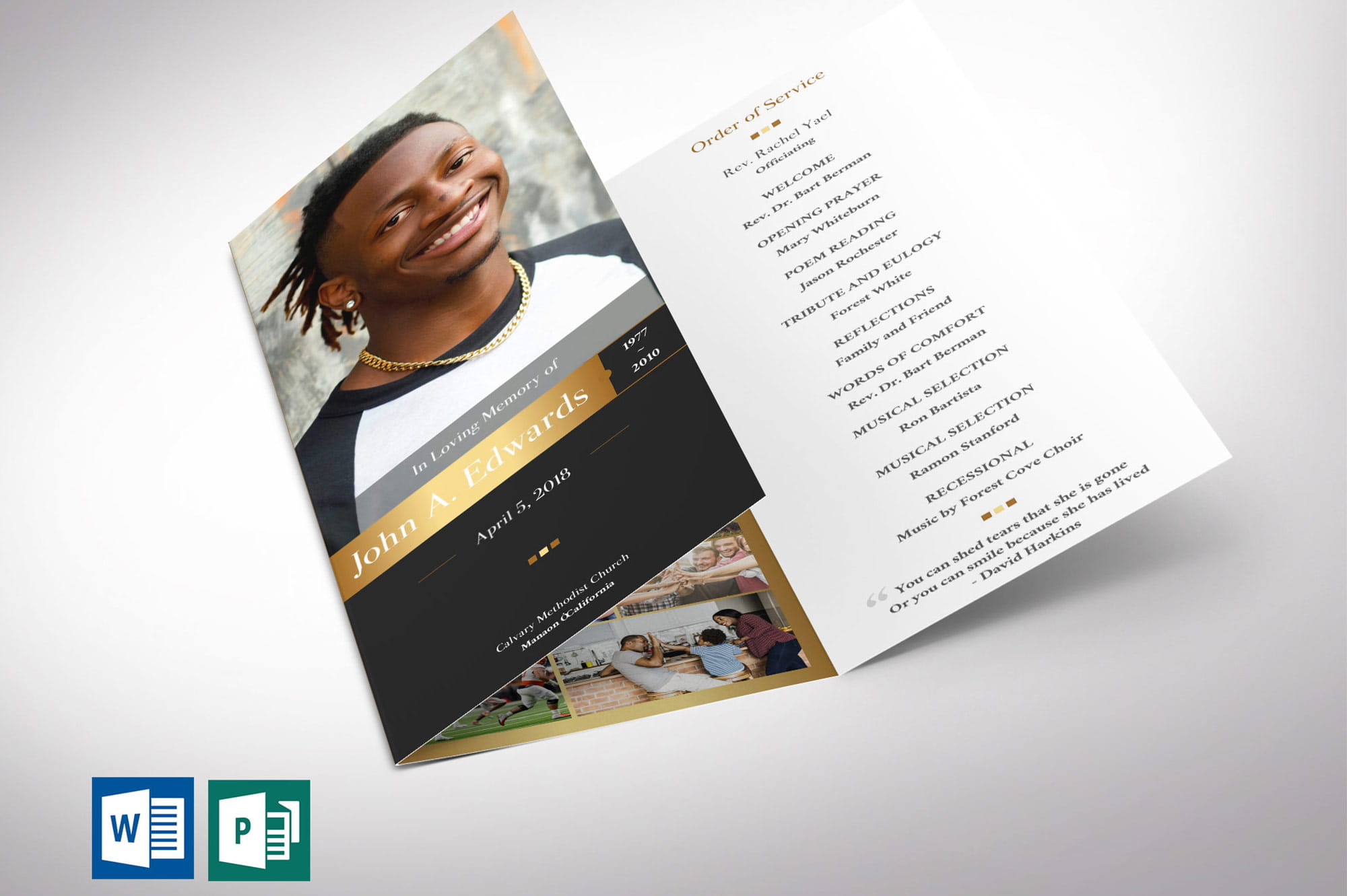 Remember Gold Funeral Program Tri-fold Word Publisher Templat