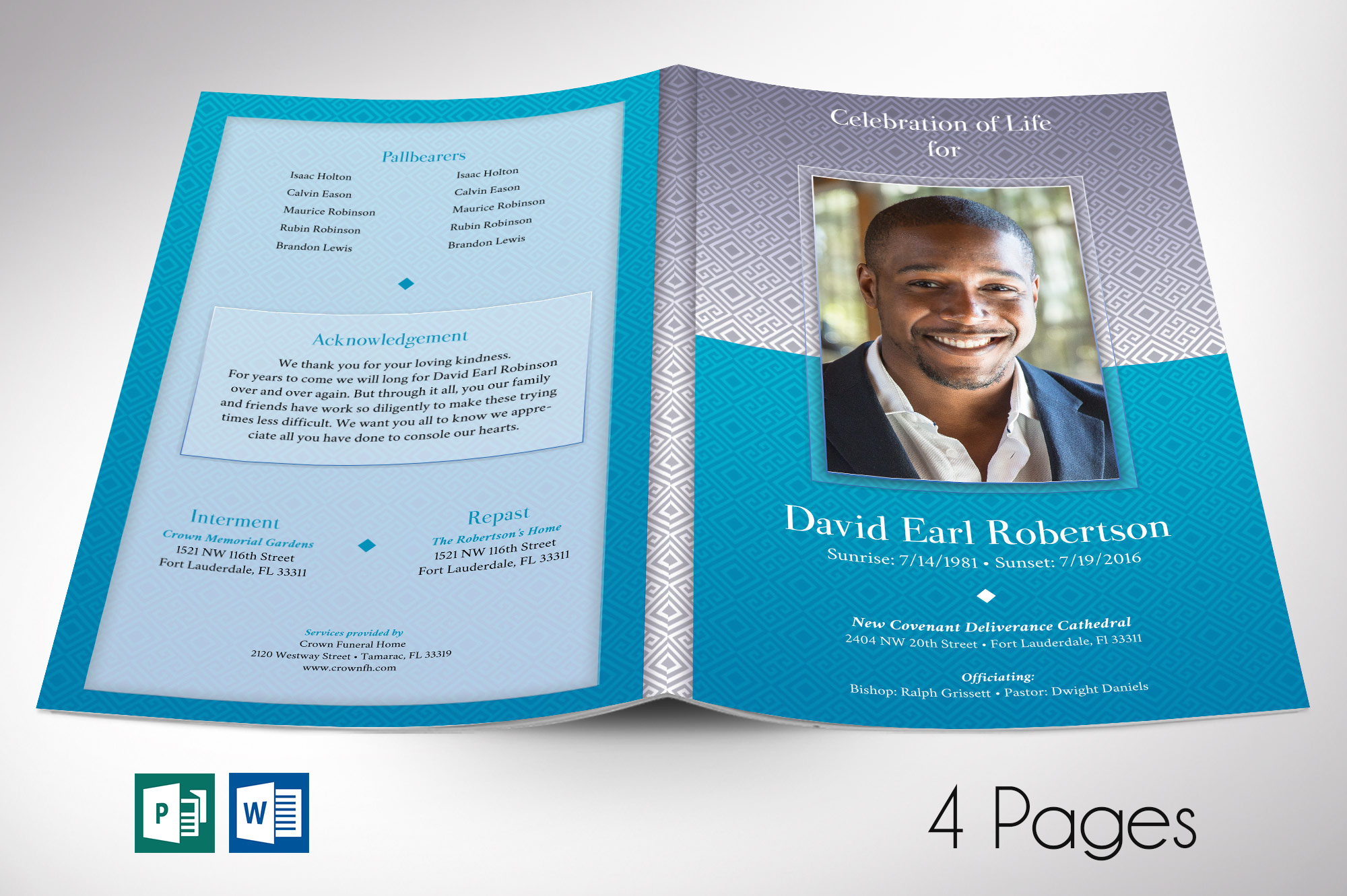 Sky Blue Diamond Funeral Word Program Word Publisher Template
