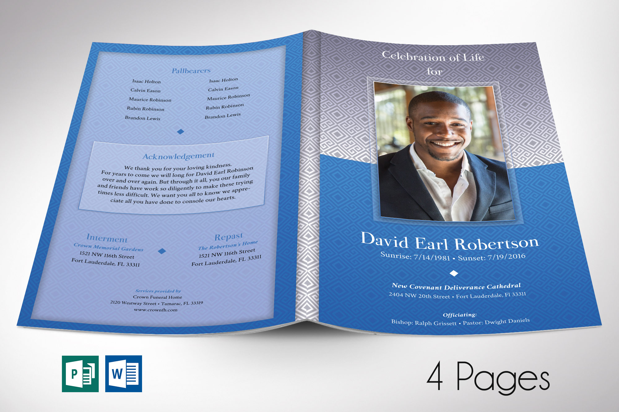 Blue Diamond Funeral Program Word Publisher Template