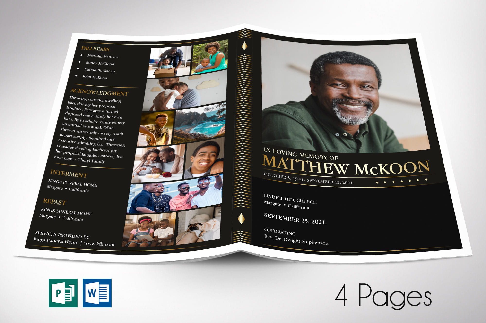 Gold Diamond Funeral Program Word Publisher Template