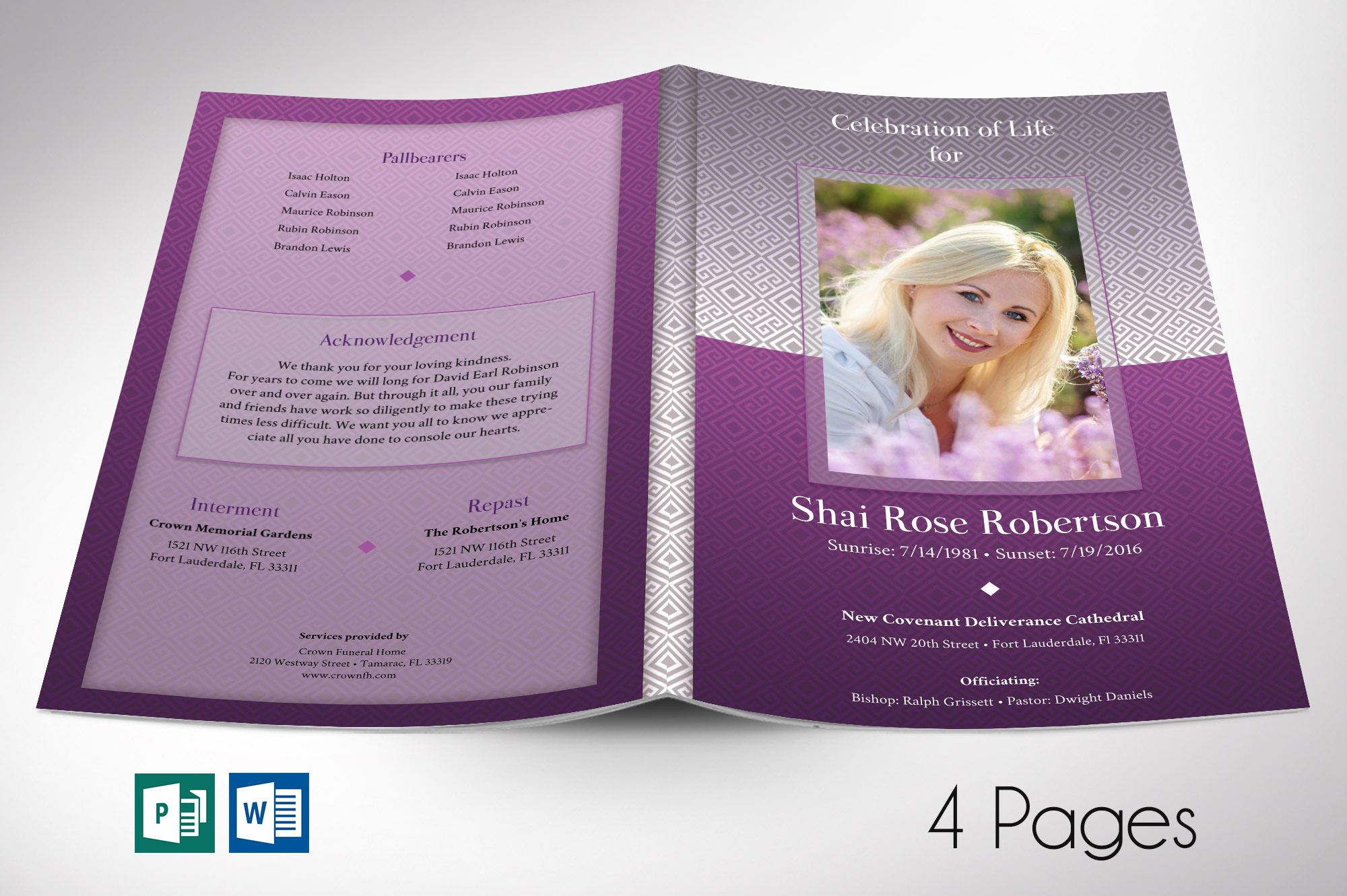 Purple Diamond Funeral Program Word Publisher Template