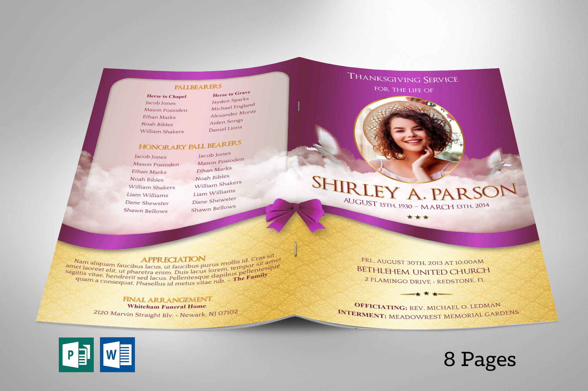 Purple Ribbon Funeral Program Word Publisher Template