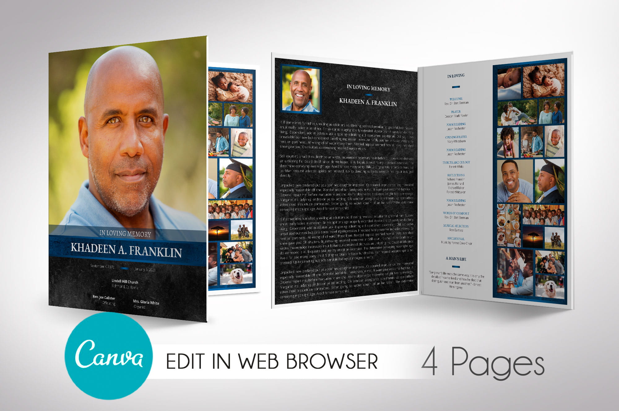 Blue Rock Tabloid Funeral Program Canva Template