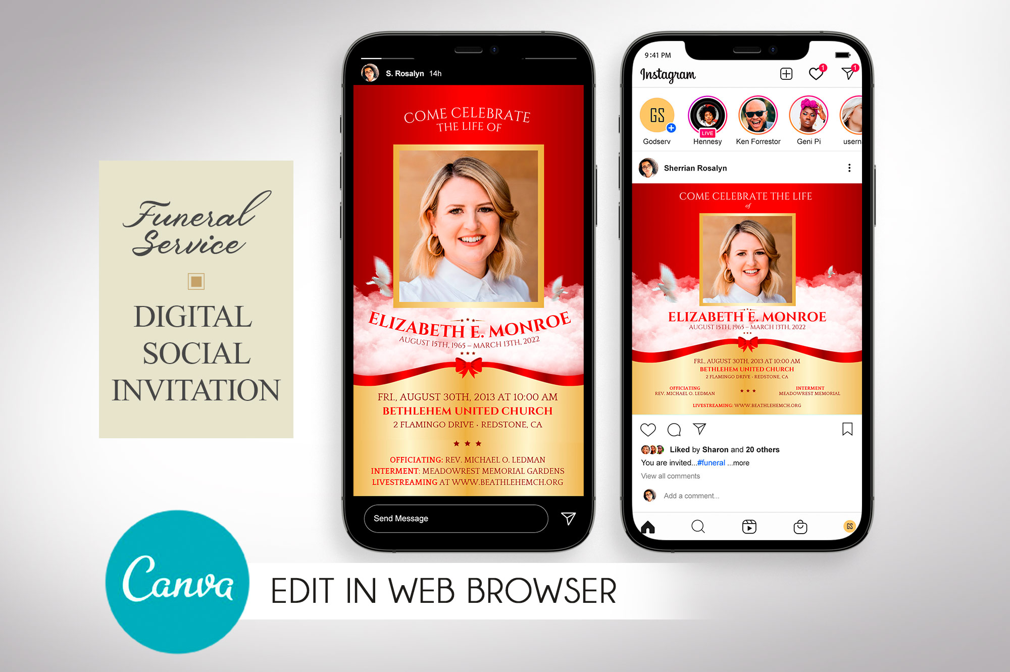Digital Funeral Invitation Canva Template - Red Ribbon
