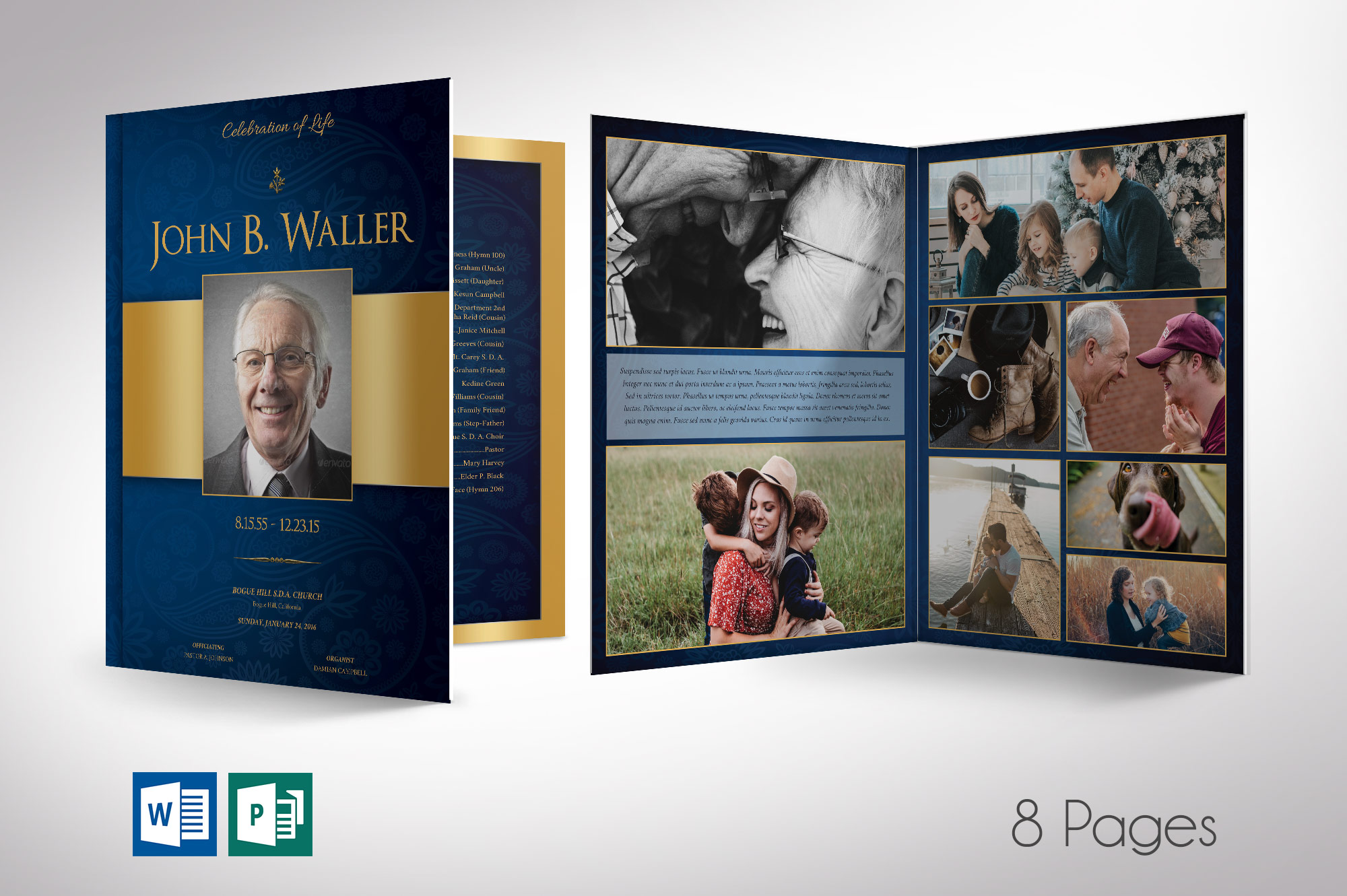 Blue Gold Dignity Funeral Program Word Publisher Large Template V1