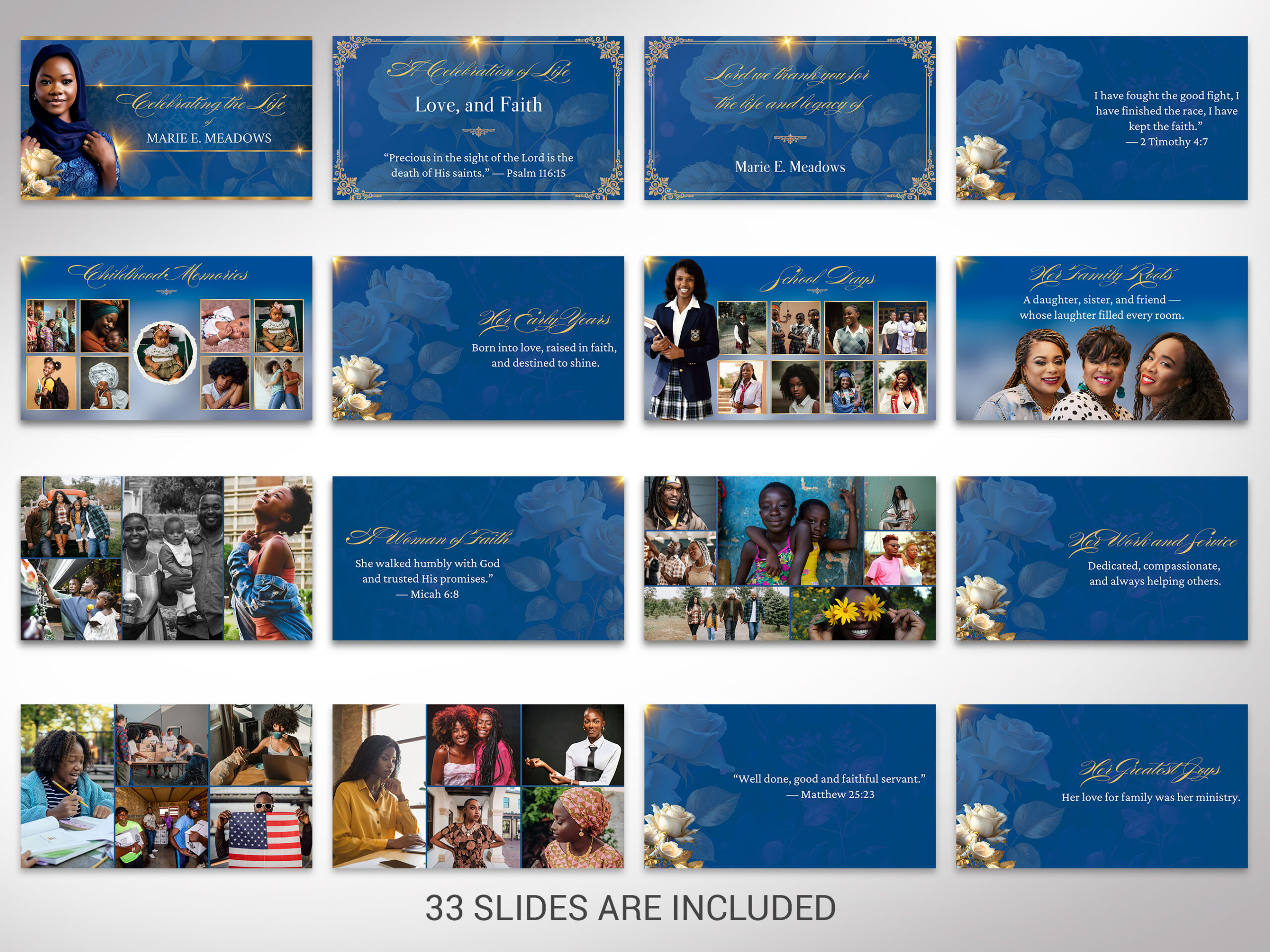 Blue & Rose Funeral Slideshow Template Canva