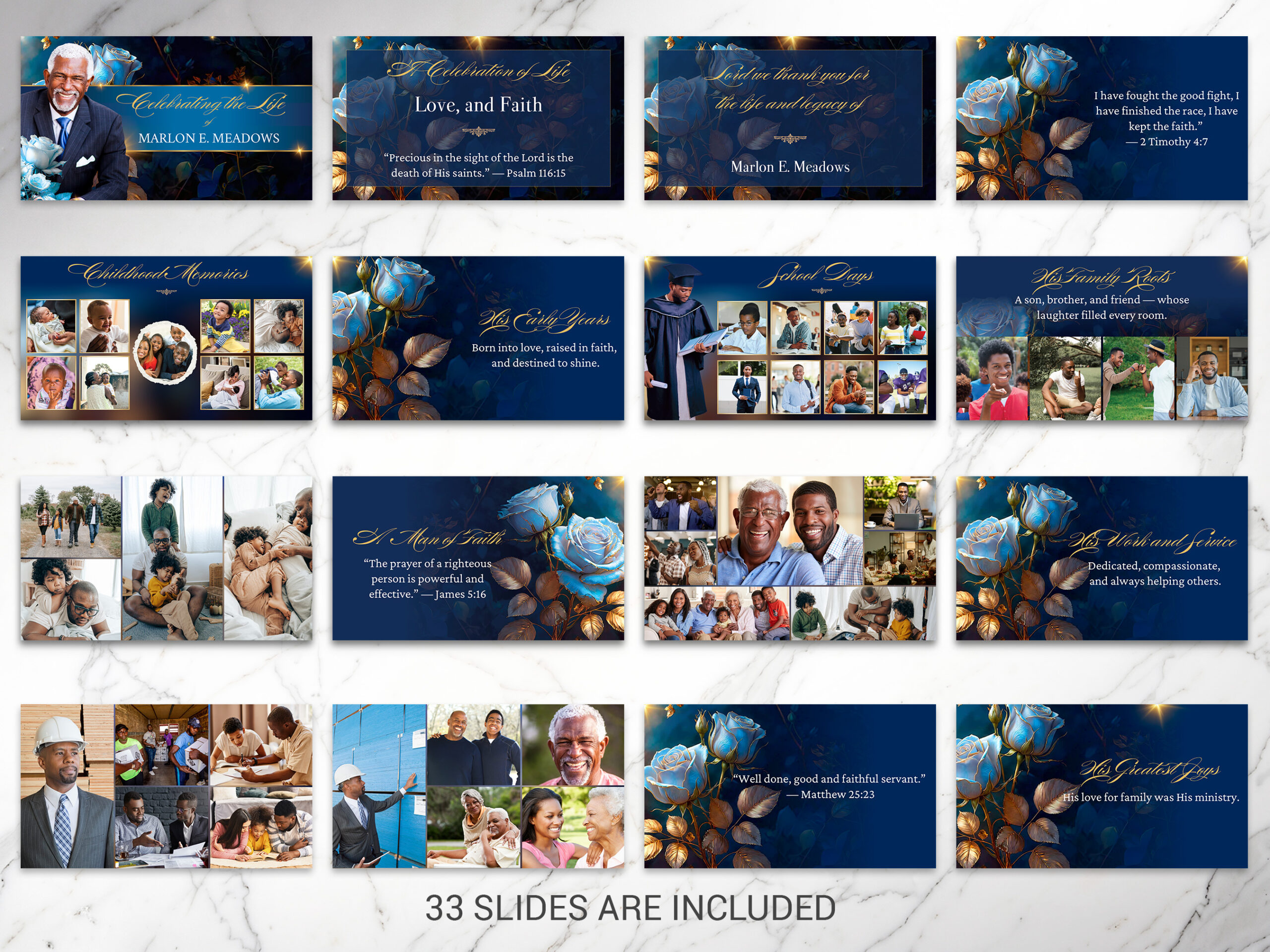 White & Blue Rose Funeral Slideshow Template for Canva