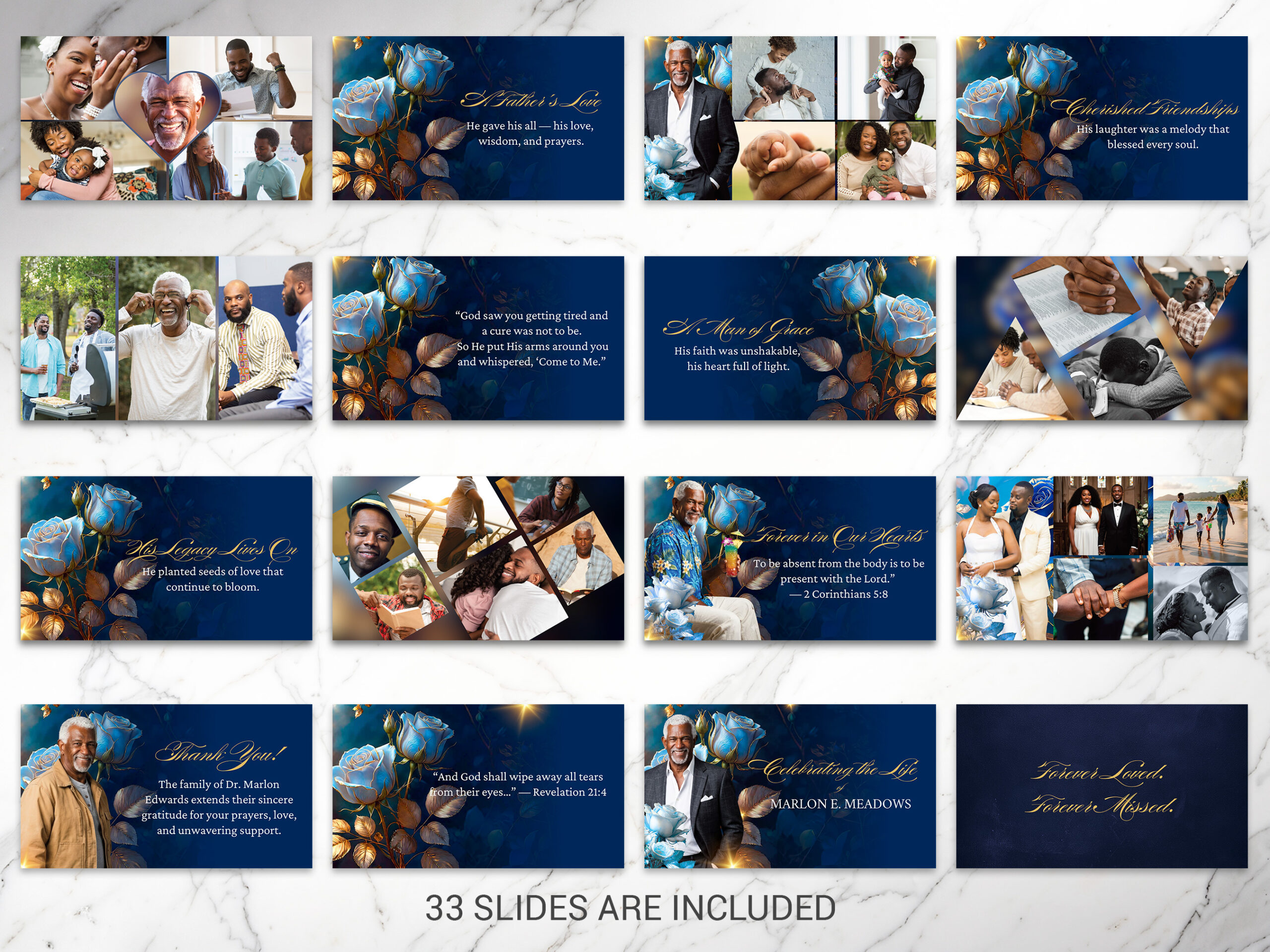White & Blue Rose Funeral Slideshow Template for Canva
