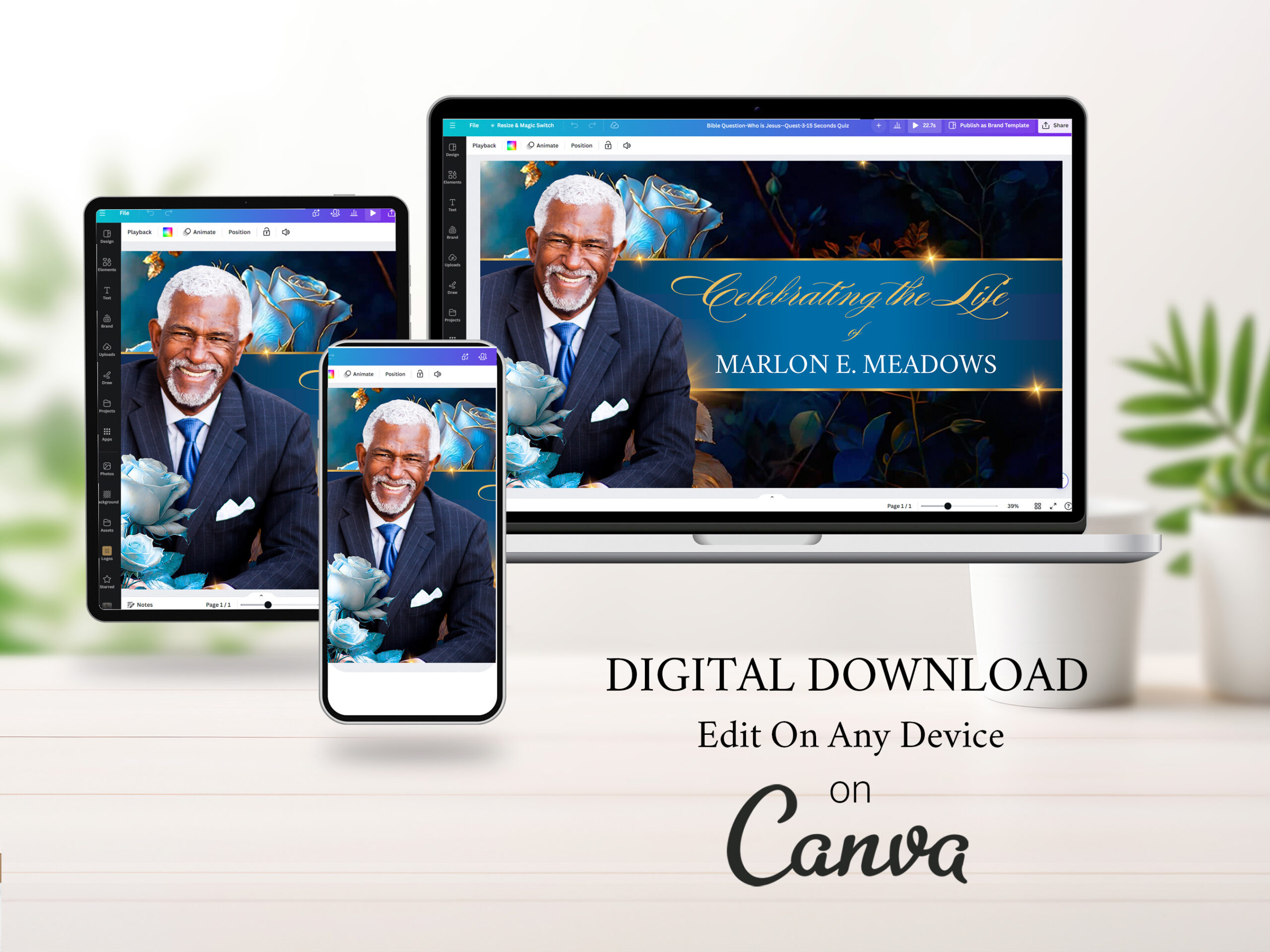 White & Blue Rose Funeral Slideshow Template for Canva