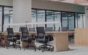 Open-plan office with rows of wooden desks and black mesh ergonomic chairs in a modern, well-lit workspace