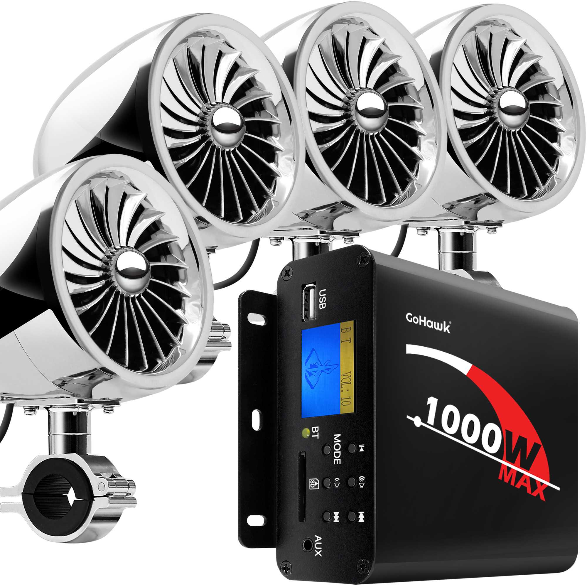 GoHawk TJ4-Q 4 in. 1000W Bluetooth Motorcycle Stereo Speakers and