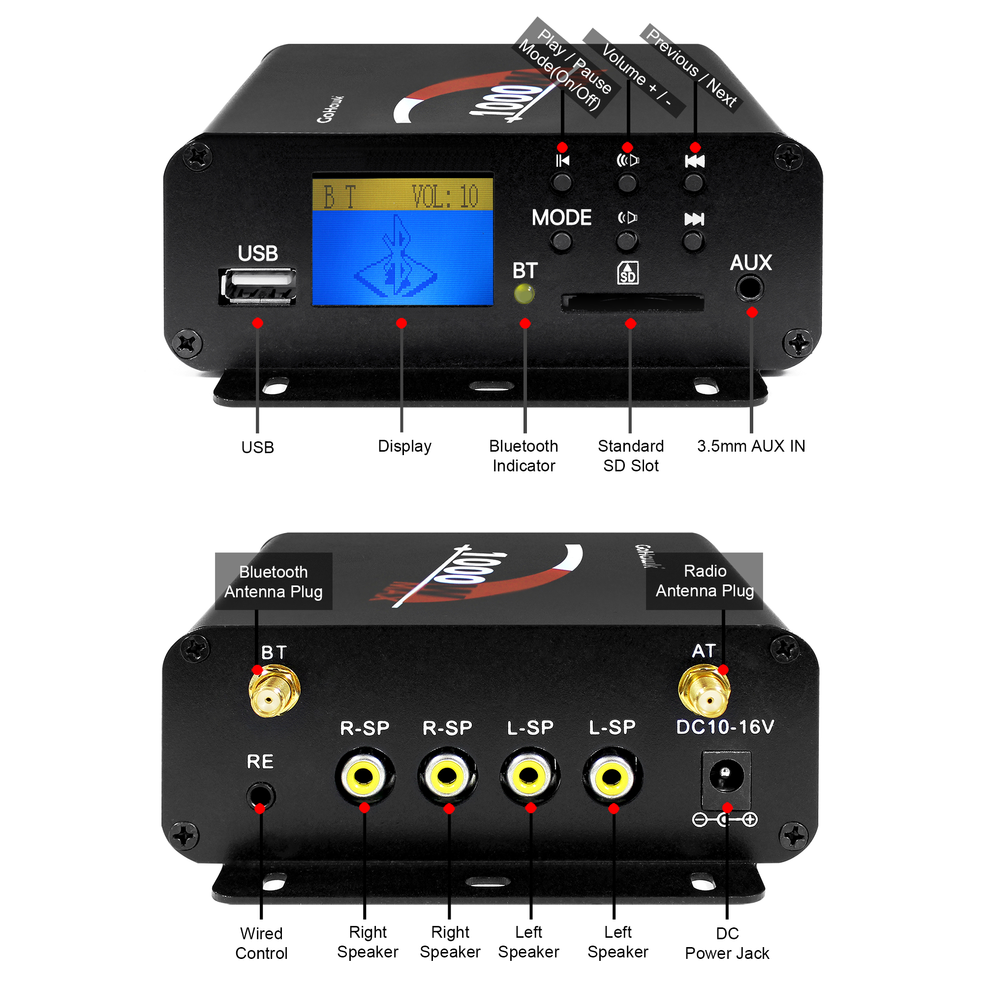 GoHawk TJ4-Q 4 in. 1000W Bluetooth Motorcycle Stereo Speakers and