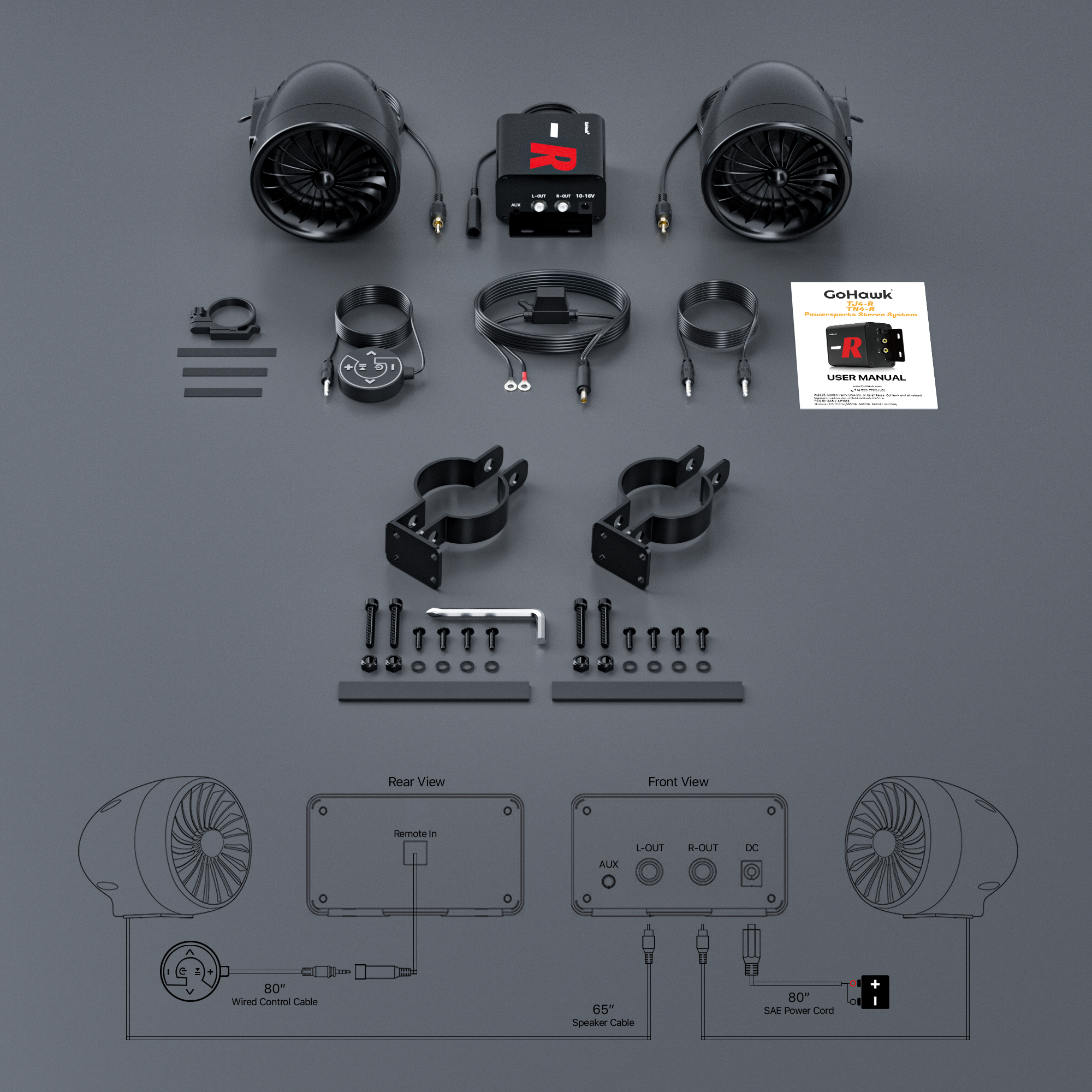 GoHawk TJ4-R 4 in. 100W Bluetooth Motorcycle Stereo Speakers and