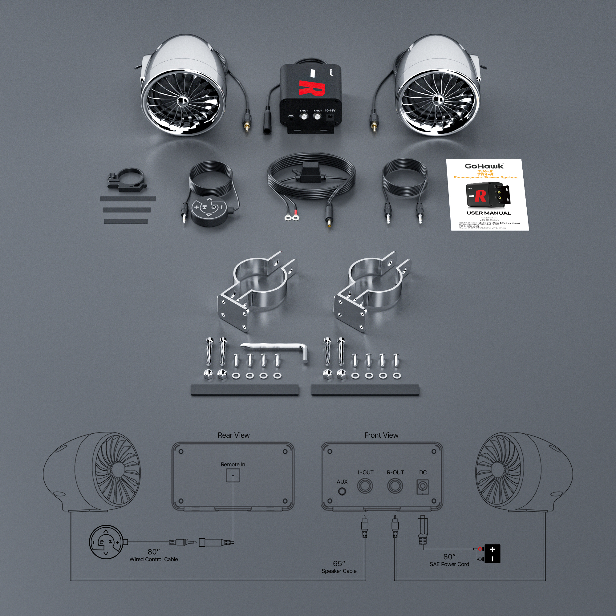 GoHawk TJ4-R 4 in. 100W Bluetooth Motorcycle Stereo Speakers and