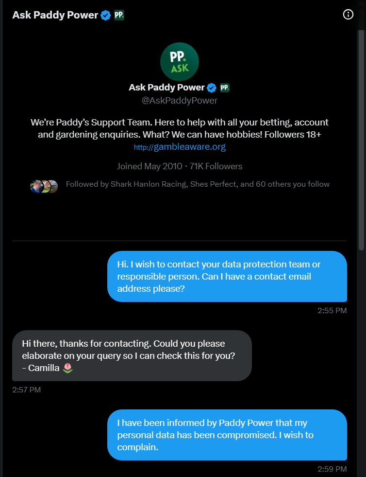 Screenshot of Paddy Power denying Data Protection Officer contact via social media