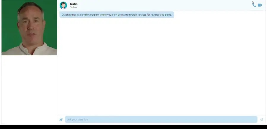 June 2024 proof-of-concept interface showing a digital avatar named Justin answering a user’s question.