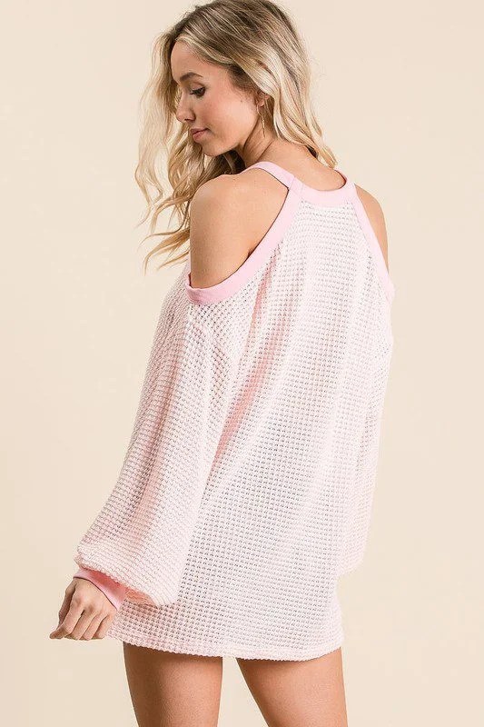 Blush Waffle Knit Cold Shoulder Long Sleeve Top - Image 2