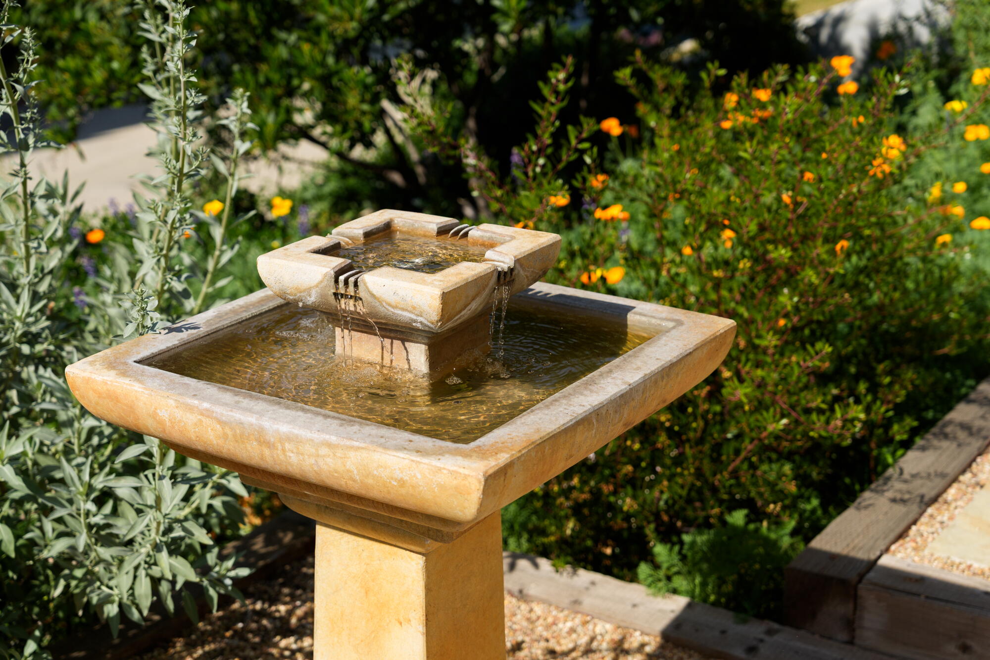 Brown water fountain in california native garden.