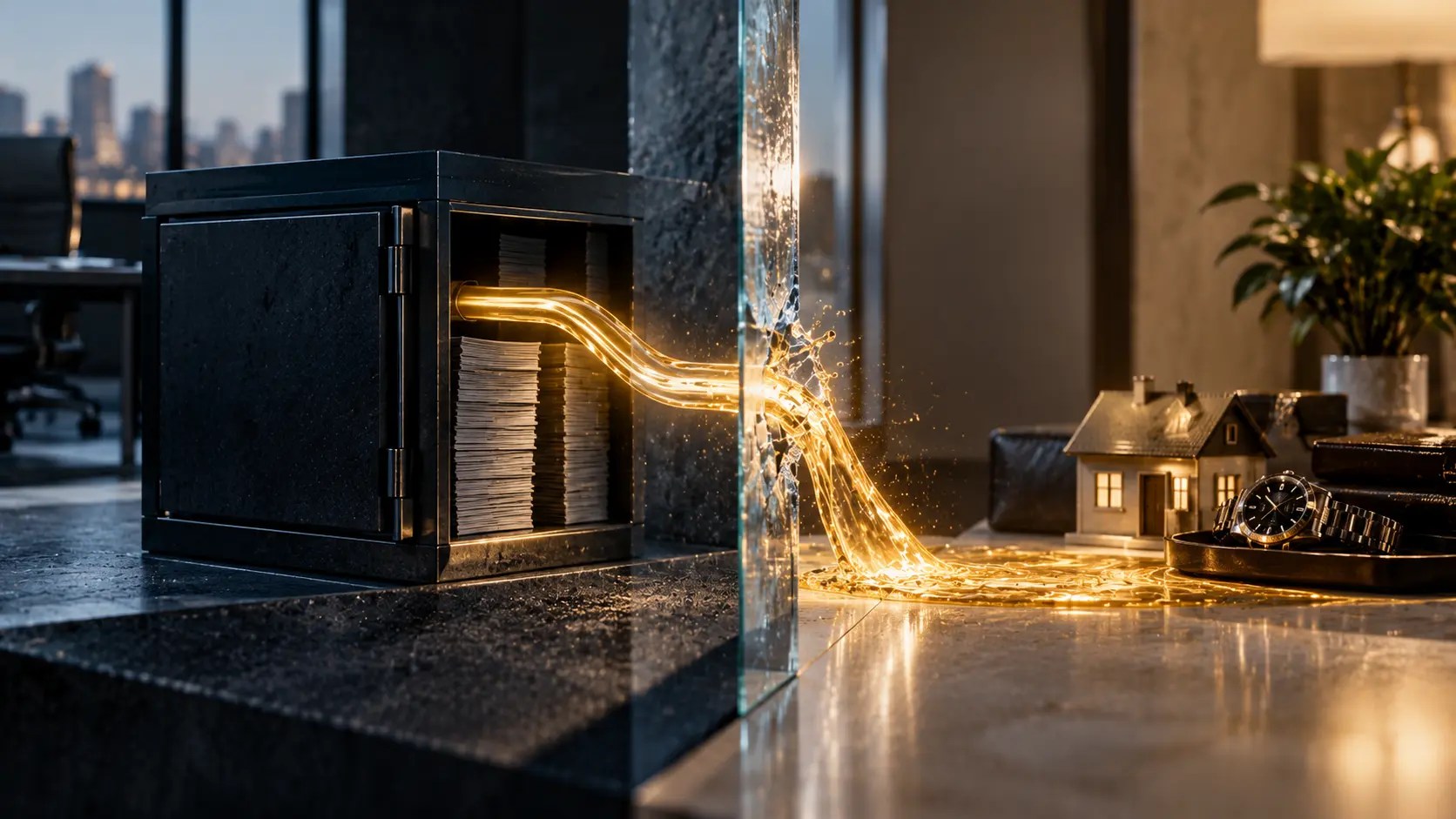 Golden liquid bursting through glass barrier beside open safe with documents, house model and watch